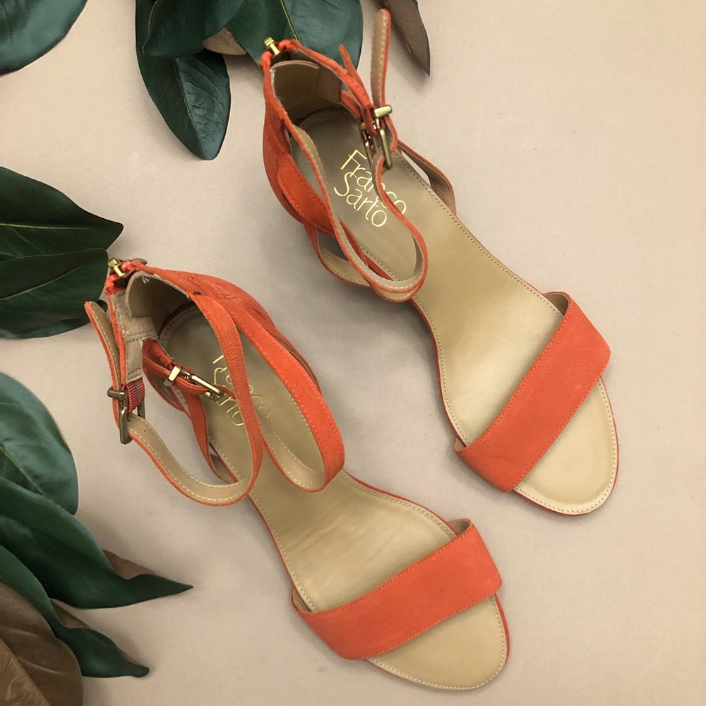🏷SOLD Franco Sarto NWOT Orange Suede Danissa Ankle Buckle Wedge Sandal 9.5 - Picture 7 of 12